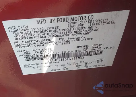 2014 Ford Taurus Limited from USA, damaged, VIN 1FAHP2J85EG151936